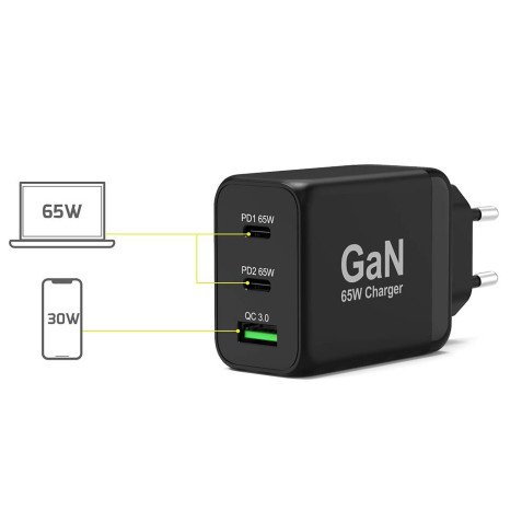 Chargeur adaptateur secteur GaN 65W USB-C & USB-A PORT + câble de 2 m inclus