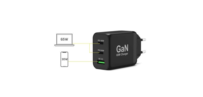 Cargador de pared adaptador GaN 65W USB-C y USB-A PUERTO + cable de 2 m incluido