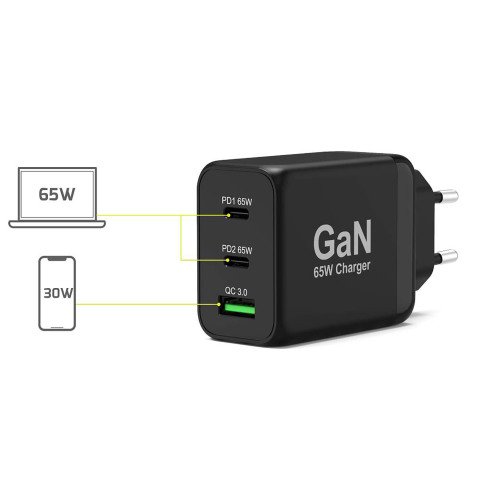 Cargador de pared adaptador GaN 65W USB-C y USB-A PUERTO + cable de 2 m incluido