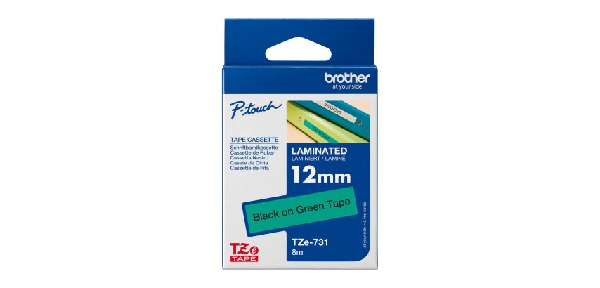 Ruban laminé Brother 12 mm TZE 731 vert écriture noire