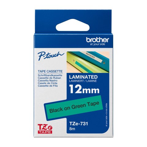 Cinta laminada Brother negro sobre verde TZE 731 de 12 mm x 8m