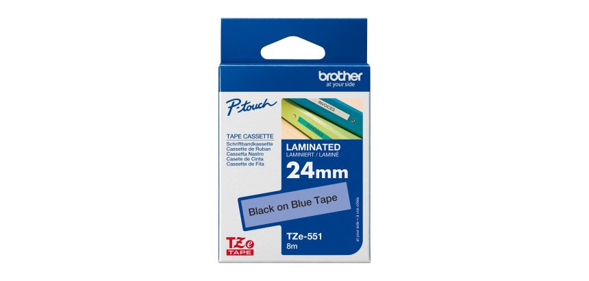Ruban laminé Brother 24 mm TZE 551 écriture noire sur fond bleu