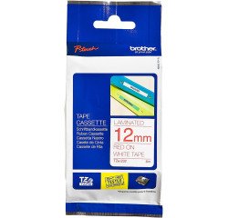 Gelamineerd lint Brother 12 mm TZE 232 wit met rode tekst