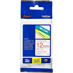 Gelamineerd lint Brother 12 mm TZE 232 wit met rode tekst