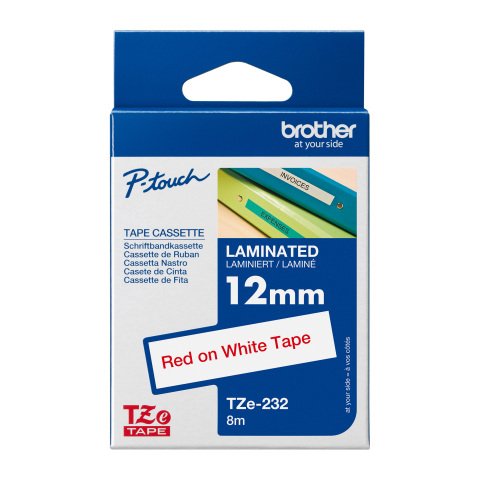 Cinta laminada Brother TZE 232 rojo sobre blanco de 12 mm x 8m