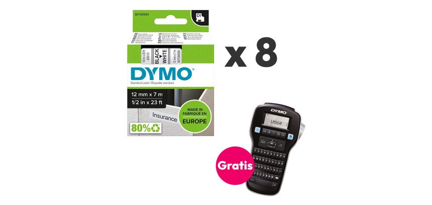 Dymo Offerta 8 nastri D1 12mm nero su bianco + 1 Etichettatrice Label Manager 160 compresa nel prezzo