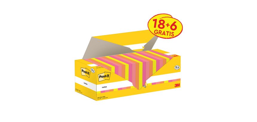 Confezione convenienza 18 blocchetti con adesivo standard 76x76 mm colorata e 6 in omaggio