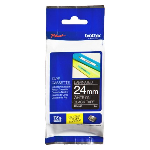 Cinta laminada Brother negro sobre blanco TZE 355 de 24 mm x 8m