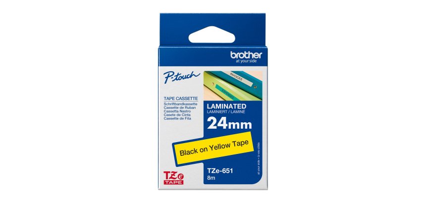 Ruban laminé Brother 24 mm TZE 651 écriture noire sur fond jaune