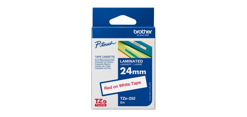 Ruban laminé Brother 24 mm TZE 252 écriture rouge fond blanc