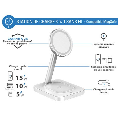 Station de charge 3 en 1 sans fil compatible MagSafe