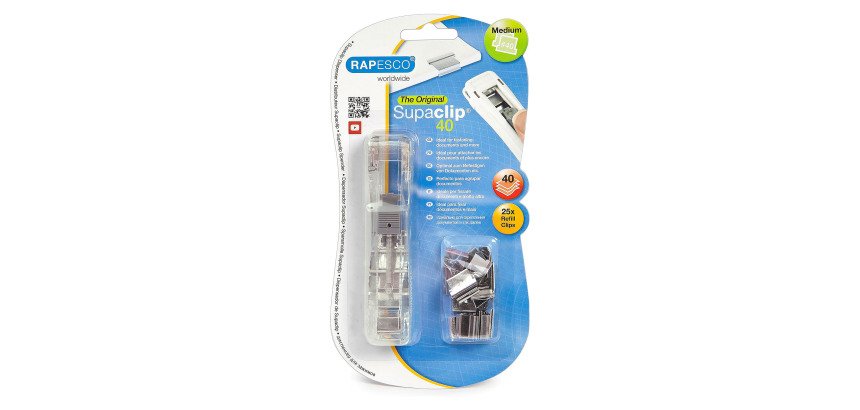 Pince distributrice de clips Supaclip® 40 Rapesco transparente + 25 clips an acier inoxydable