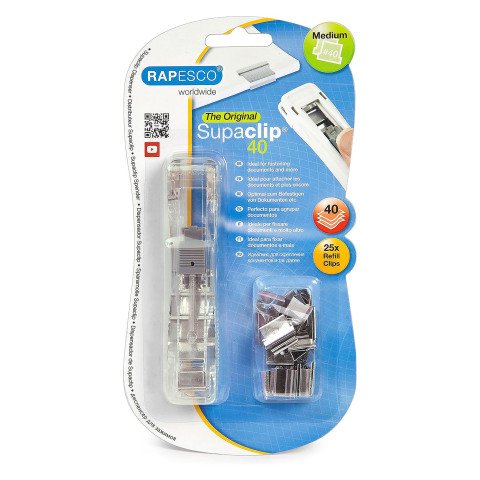 Dispensadores de clips Supaclip® 40 Rapesco transparente + 25 clips de acero inoxidable