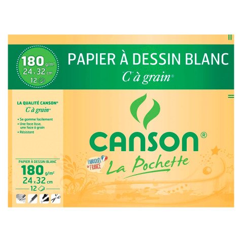 Pochette 12 feuilles papier dessin blanc 24 x 32 cm Canson® "C" à grain® 180 g