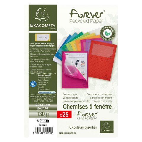 Subcarpetas recicladas con ventanilla ZERO plastic A4 130 g Exacompta Paquete de 25 Surtidos Vivos
