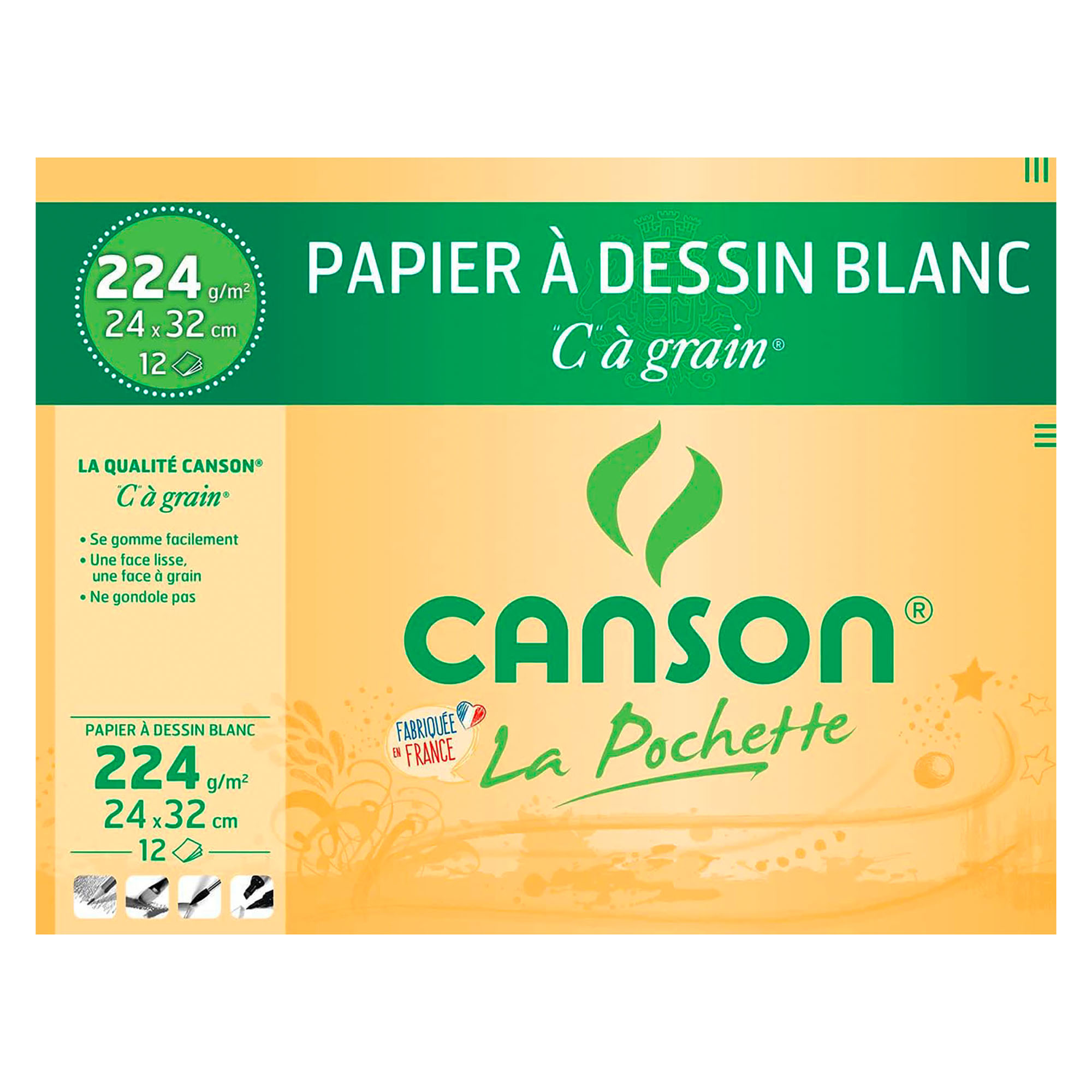 Canson - C à Grain - pochette papier à dessin - 12 feuilles - A4 - 224G -  blanc Pas Cher