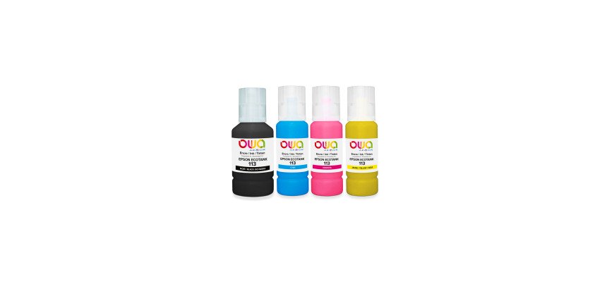 Pack de 4 bouteilles d'encre compatibles OWA - Noir Cyan Magenta Jaune - Equivalent EPSON 113
