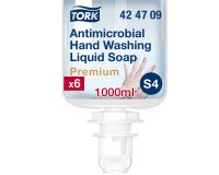 Liquid hand soap Tork Premium Antimicrobial, for S4 dispenser - 1 L cartridge.