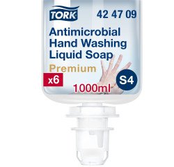 Liquid hand soap Tork Premium Antimicrobial, for S4 dispenser - 1 L cartridge.