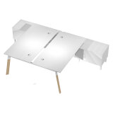 Bench Wood-Metal senza divisorio con 2 mobili di servizio portanti , 2 Desktop Bianchi 140 x 80 x 72,5, mobile di servizio bianco 140 x 50 x 57 gambe in legno e metallo bianco