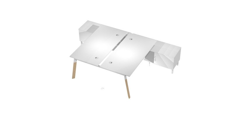 Bench manageriale da 2 postazioni Wood-Metal p 168 x h 72,5 cm gambe in metallo bianco o bimateriale metallo-legno bianco-rovere con due mobili di servizio inclusi