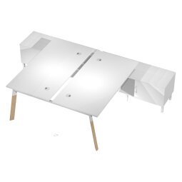 Bench Wood-Metal senza divisorio con 2 mobili di servizio portanti , 2 Desktop Bianchi 120 x 80 x 72,5, mobile di servizio bianco 140 x 50 x 57 gambe in legno e metallo bianco