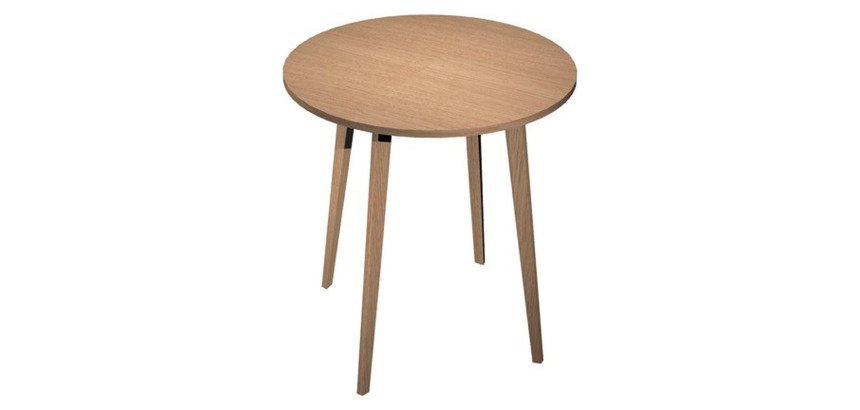 Tavolo rotondo Woody con tre gambe in legno massello rovere in due altezze e diametri