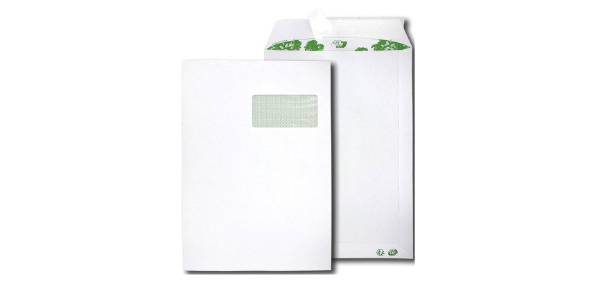 Bolsa reciclada 229 x 324 mm ERAPURE 90 g con ventana 50 x 100 mm - Caja de 250