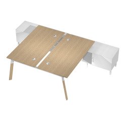 Managerial bench with 2 stations Wood-Metal measuring 168 x h 72.5 cm with white metal legs or a combination of metal-wood in white-oak, including two service cabinets.