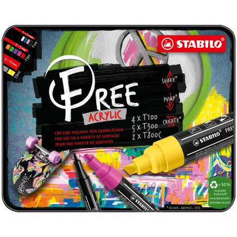 Marker Acrylic Stabilo Free - metalen doos van 11 stuks