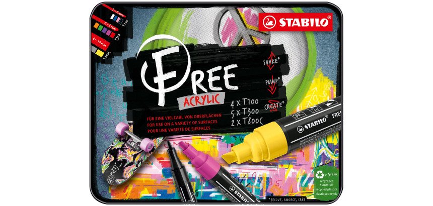 Marqueur Acrylic Stabilo Free - Boite métal de 11