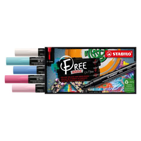 Rotulador permanente Acrílico punta media T300 Stabilo Free - Estuche de 5 colores Candy