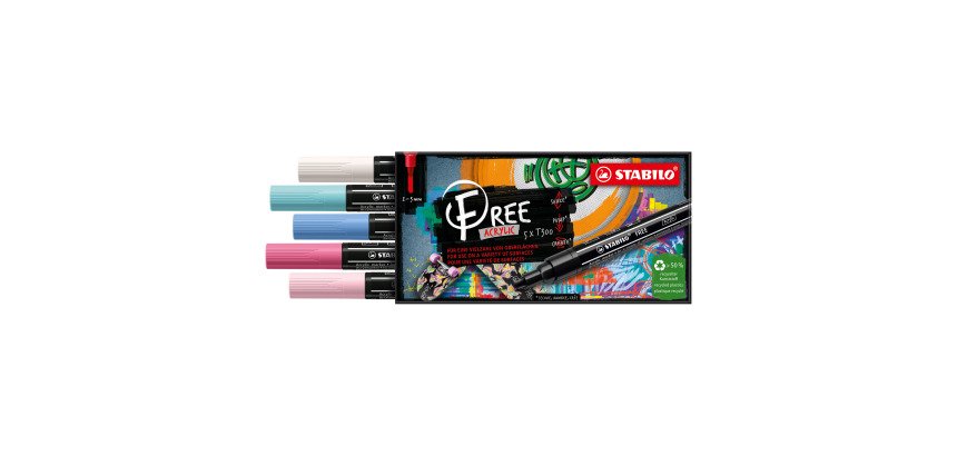 Marqueur Acrylic pointe moyenne T300 Stabilo Free - Etui de 5 couleurs Candy