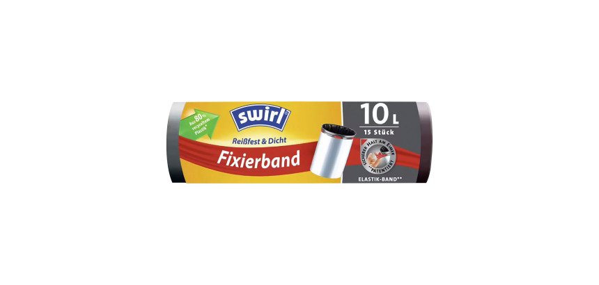 Sac poubelle 10 litres à liens coulissants et bande de fixation Swirl Fixerband noir - 15 sacs