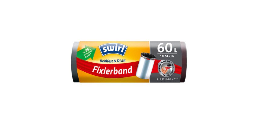 Sac poubelle 60 litres à liens coulissants et bande de fixation Swirl Fixerband noir - 10 sacs