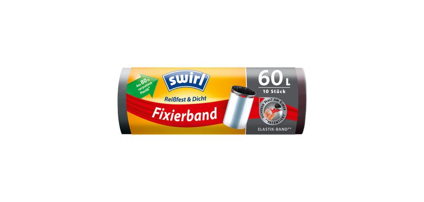 Sac poubelle 60 litres à liens coulissants et bande de fixation Swirl Fixerband noir - 10 sacs