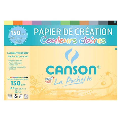 Papier dessin canson colorline grain fin 150g a4 coloris pastels pochette 12f