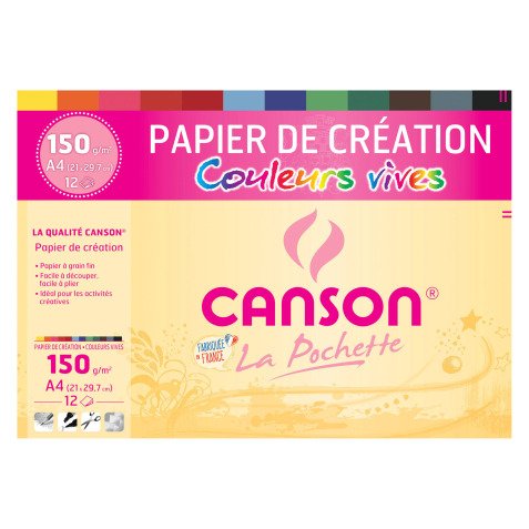 Pochette 12 feuilles papier couleurs vives assorties Canson Création 21 x 29,7 cm, 150 g