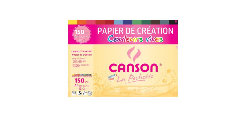 Pochette 12 feuilles papier couleurs vives assorties Canson Création 21 x 29,7 cm, 150 g