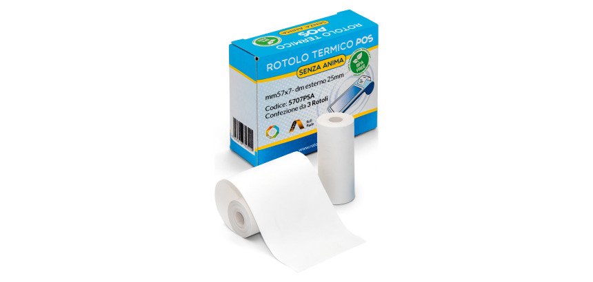 Rotolo termico per POS senza anima 57 mm x 7 metri - Diametro esterno 25 mm - conf. da 3 rotoli
