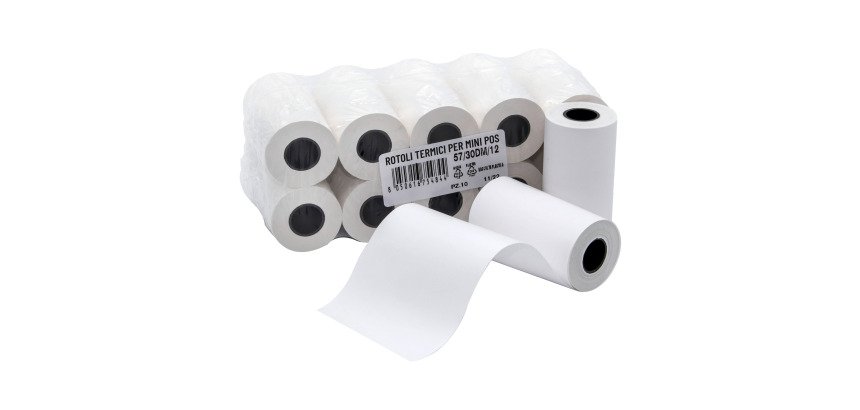 Rotolo termico per mini POS - anima 12 mm - Bpa Free - larghezza 57 mm - Diametro esterno 30 mm - confezione da 10 rotoli