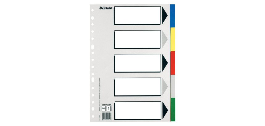 Separadores Multitaladro Mod.613. Folio. Con cartulina índice b/n. 5 pestañas PP, multicolor