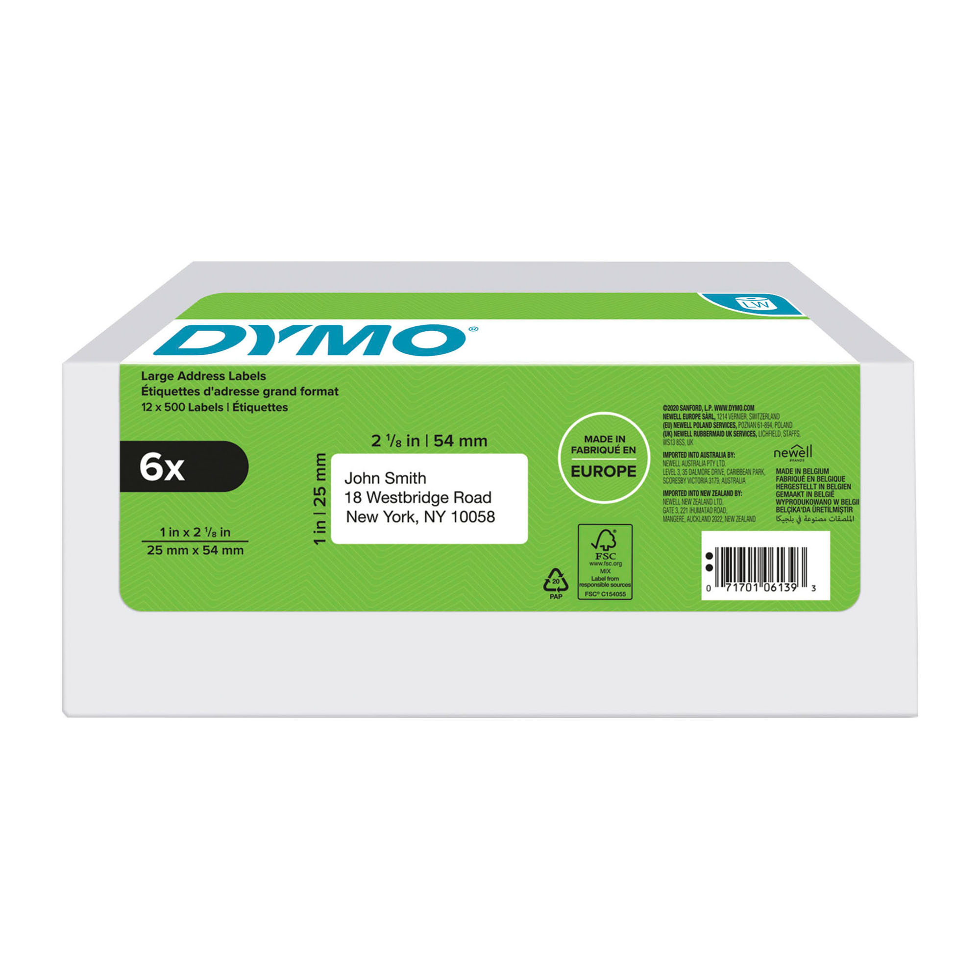 Confezione convenienza 6 rotoli di 500 etichette LabelWriter Dymo per  indirizzi di reso grandi 25 x 54 mm - Adesivo permanente su