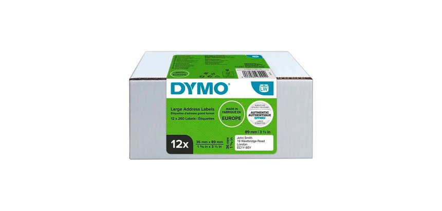 Confezione convenienza 12 rotoli di 260 etichette LabelWriter Dymo per indirizzi estesi 89x36 mm - Adesivo permanente