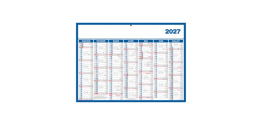 Calendrier semestriel mural année 2027 - 40 x 55 cm