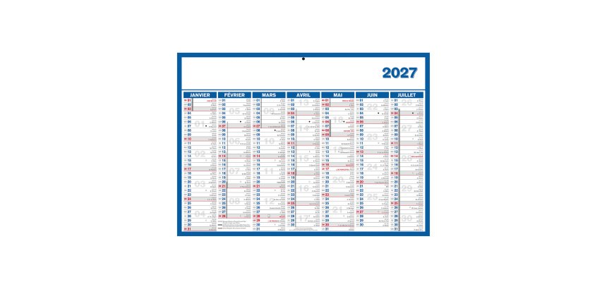 Calendrier semestriel mural année 2027 - 40 x 55 cm