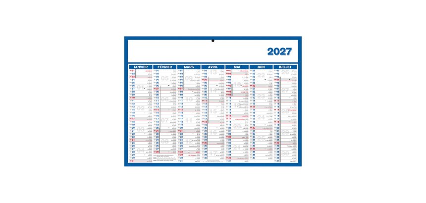 Calendrier semestriel mural année 2027 - 29 x 39,5 cm