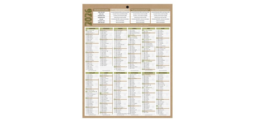 Calendrier annuel mural année 2026 - 12 mois - 21 x 26,5 cm