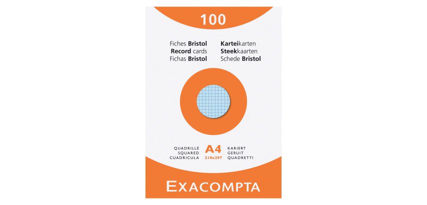 Fiche bristol 210 x 297 mm quadrillée 5 x 5 couleurs assorties non perforée Exacompta - Boite de 100