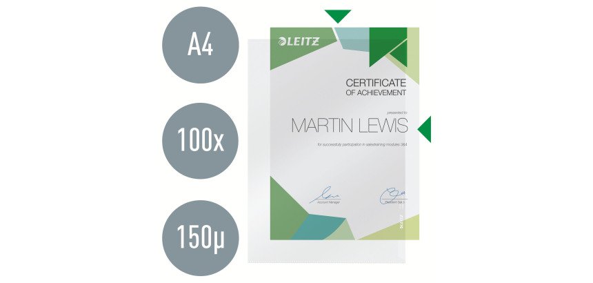 Chemise coin plastique LEITZ A4 PVC 10/100ème transparentes